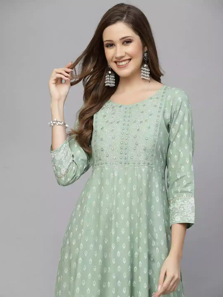 Green-Rayon-Printed-Anarkali-Kurta-Only
