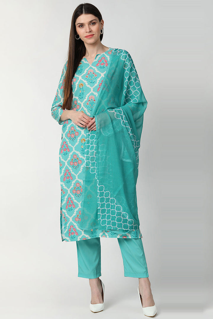 Turquoise-Blue-Poly-Crepe-Motifs-Straight-3-Piece-Kurta-Set