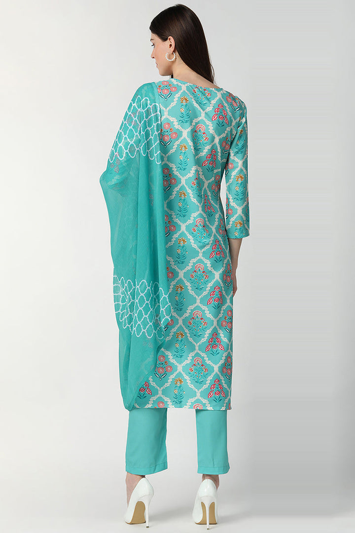 Turquoise-Blue-Poly-Crepe-Motifs-Straight-3-Piece-Kurta-Set