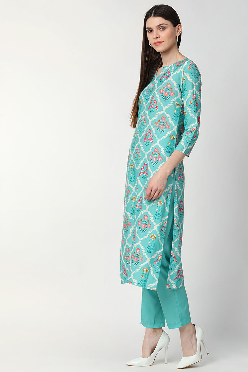 Turquoise-Blue-Poly-Crepe-Motifs-Straight-3-Piece-Kurta-Set