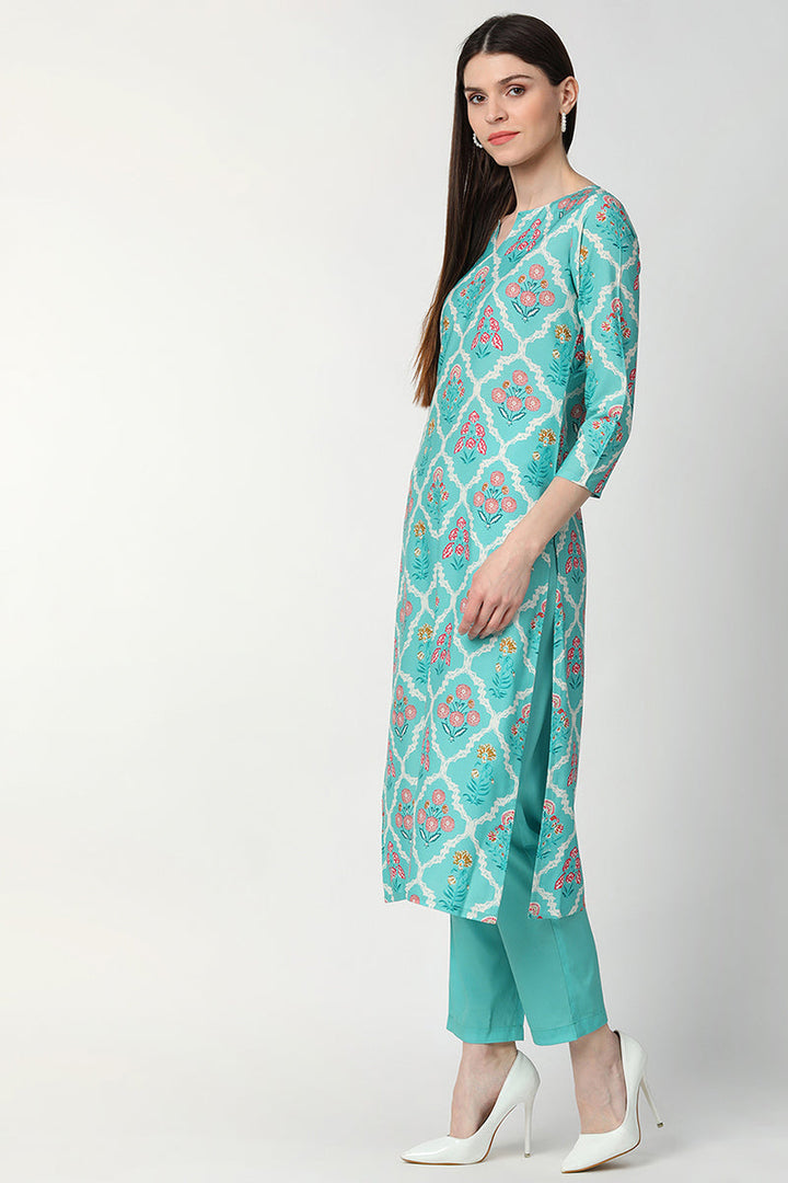 Turquoise-Blue-Poly-Crepe-Motifs-Straight-3-Piece-Kurta-Set