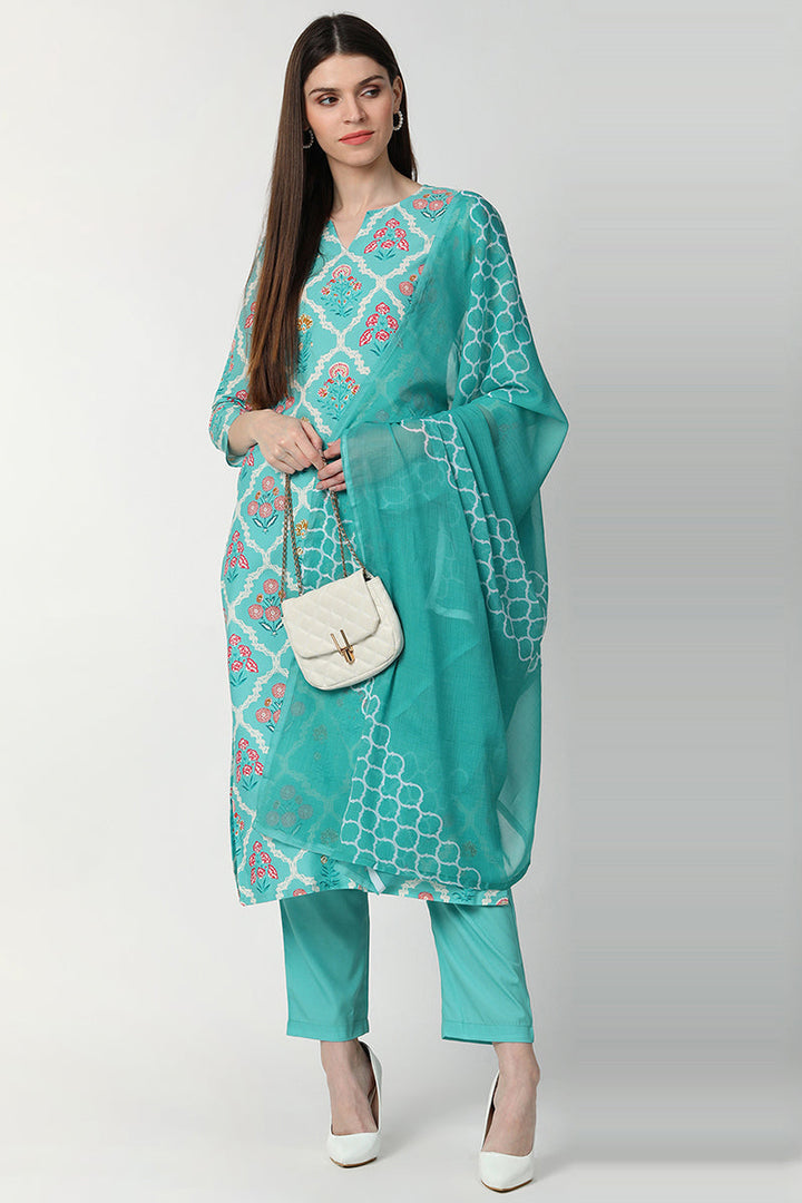 Turquoise-Blue-Poly-Crepe-Motifs-Straight-3-Piece-Kurta-Set