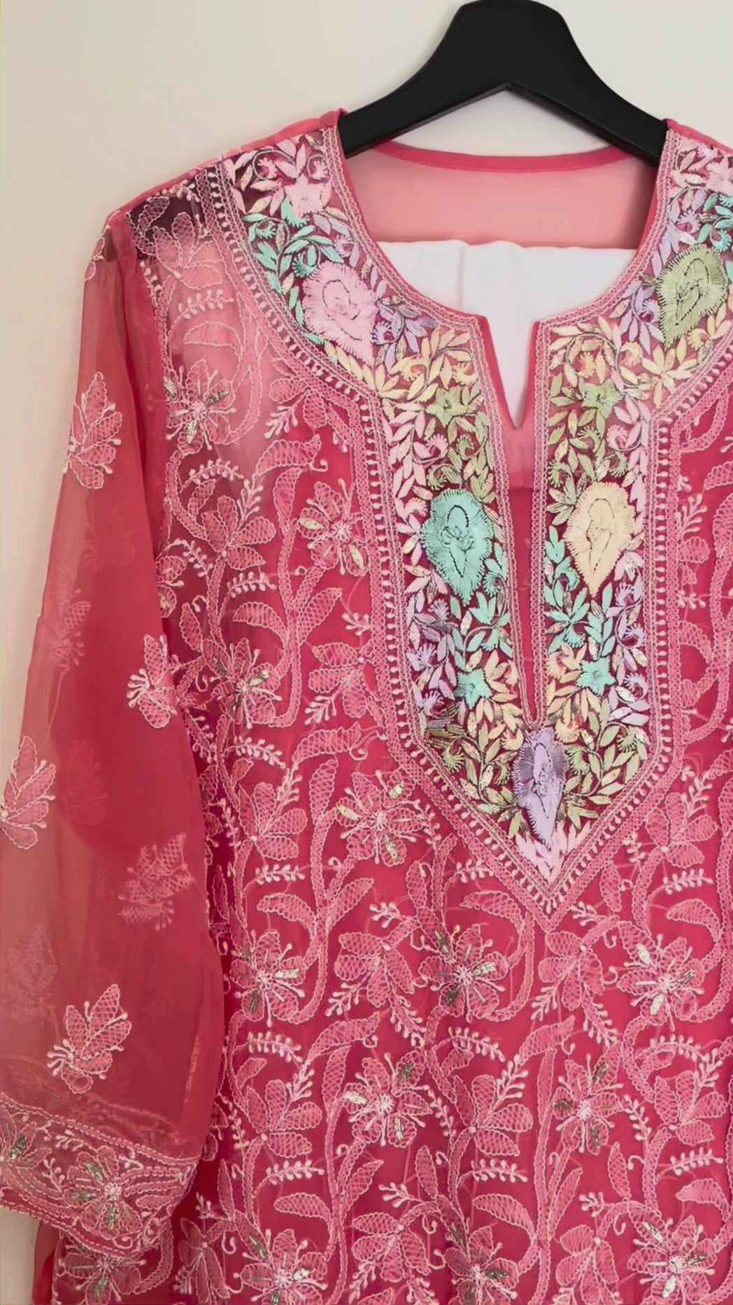Peach Chikankari Parsi Georgette Kurta with slip