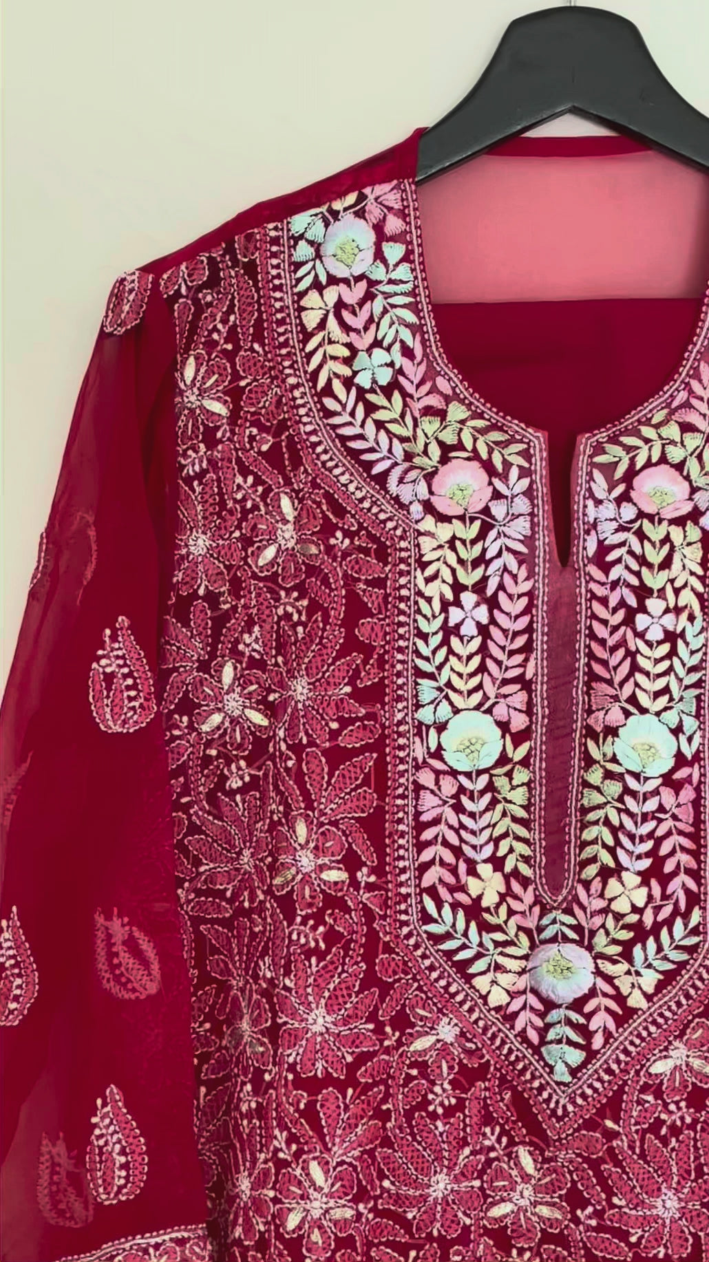 Red Chikankari Parsi Georgette Kurta with Slip and Pants