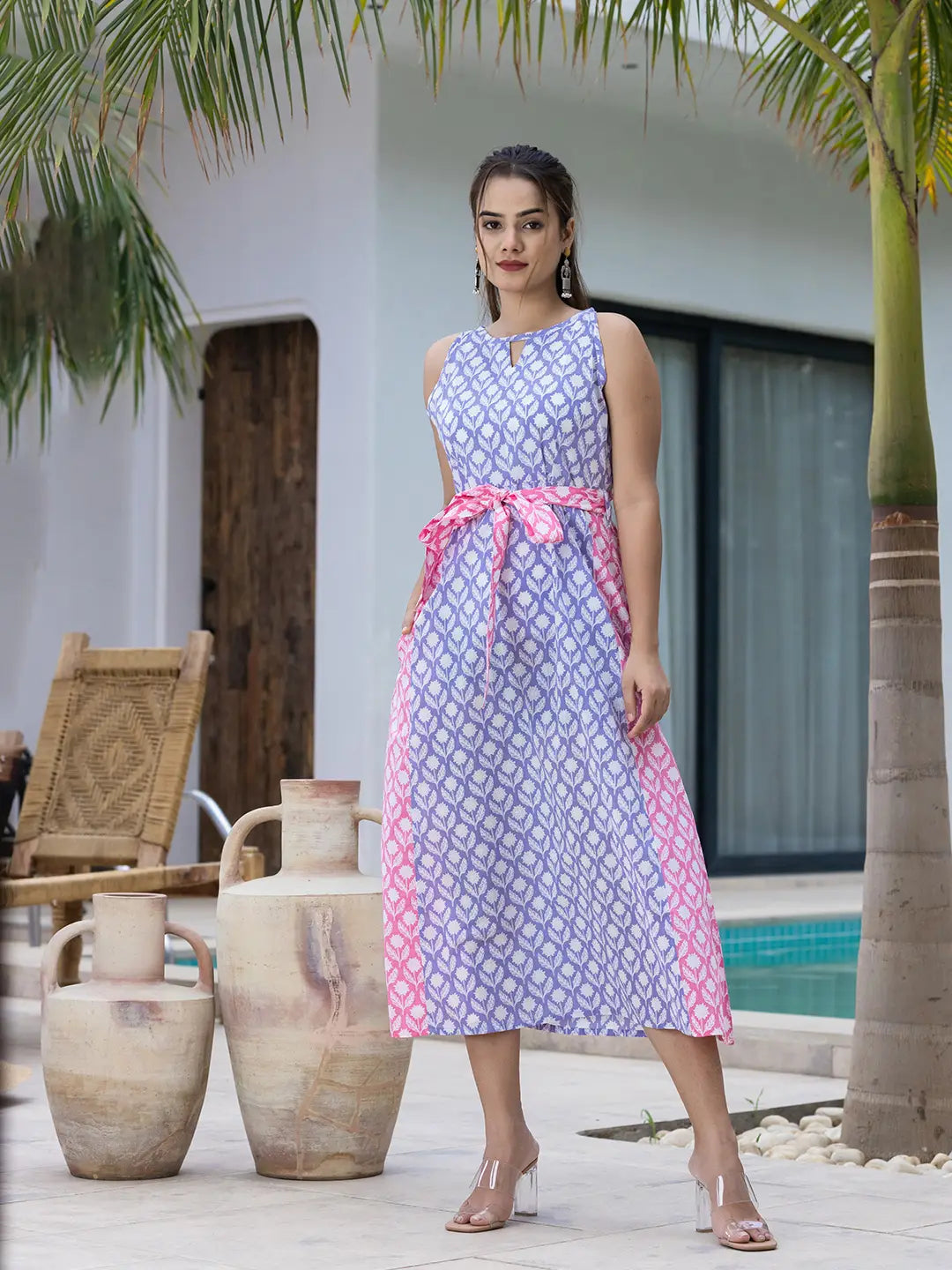 Purple-And-Pink-Pure-Cotton-Colour-Blocking-Dress