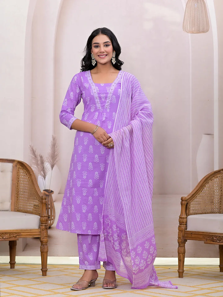 Purple-Cotton-Floral-Printed-A-Line-3-Piece-Kurta-Set