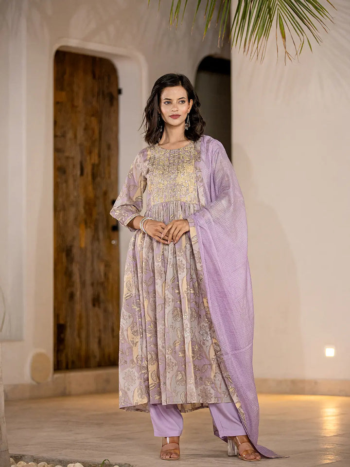 Purple-Organic-Cotton-Print-Fit-And-Flare-3-Piece-Kurta-Set