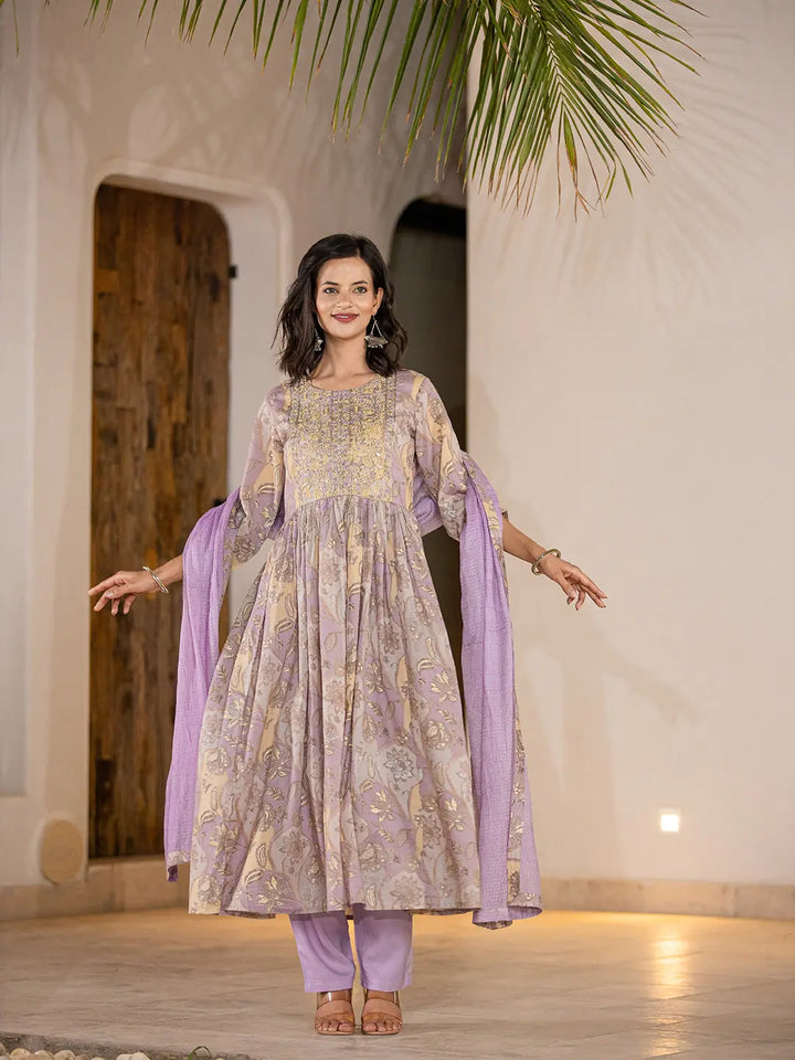 Purple-Organic-Cotton-Print-Fit-And-Flare-3-Piece-Kurta-Set