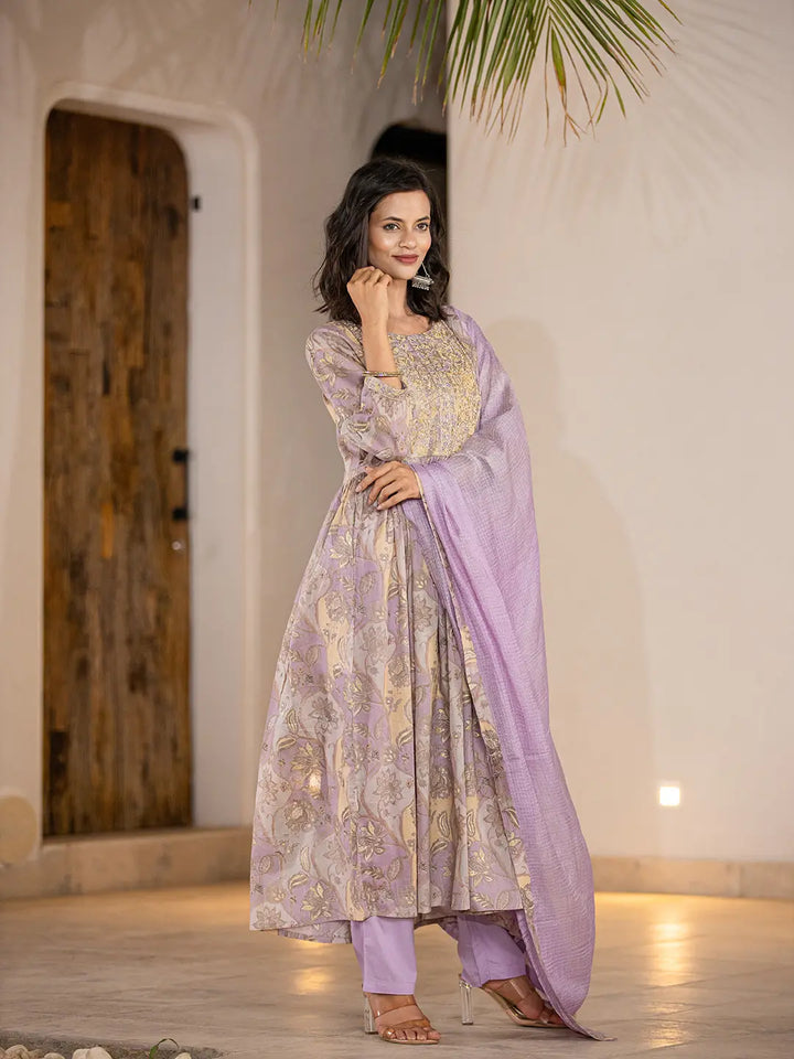 Purple-Organic-Cotton-Print-Fit-And-Flare-3-Piece-Kurta-Set