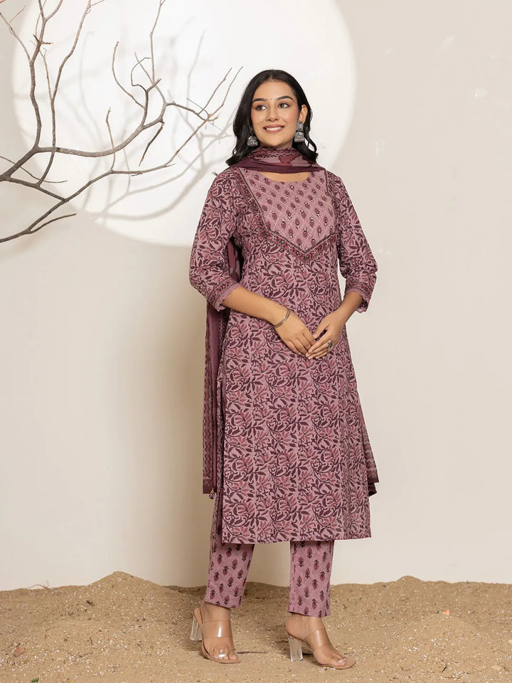 Purple-Cotton-Leaf-Print-Straight-3-Piece-Kurta-Set