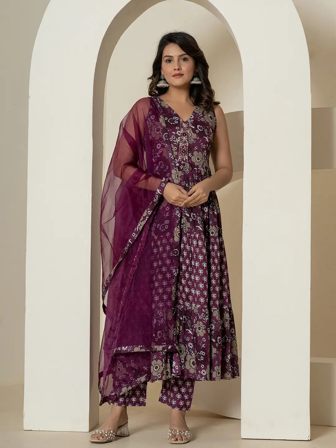 Purple-Cotton-Fit-And-Flare-Tiered-3-Piece-Kurta-Set