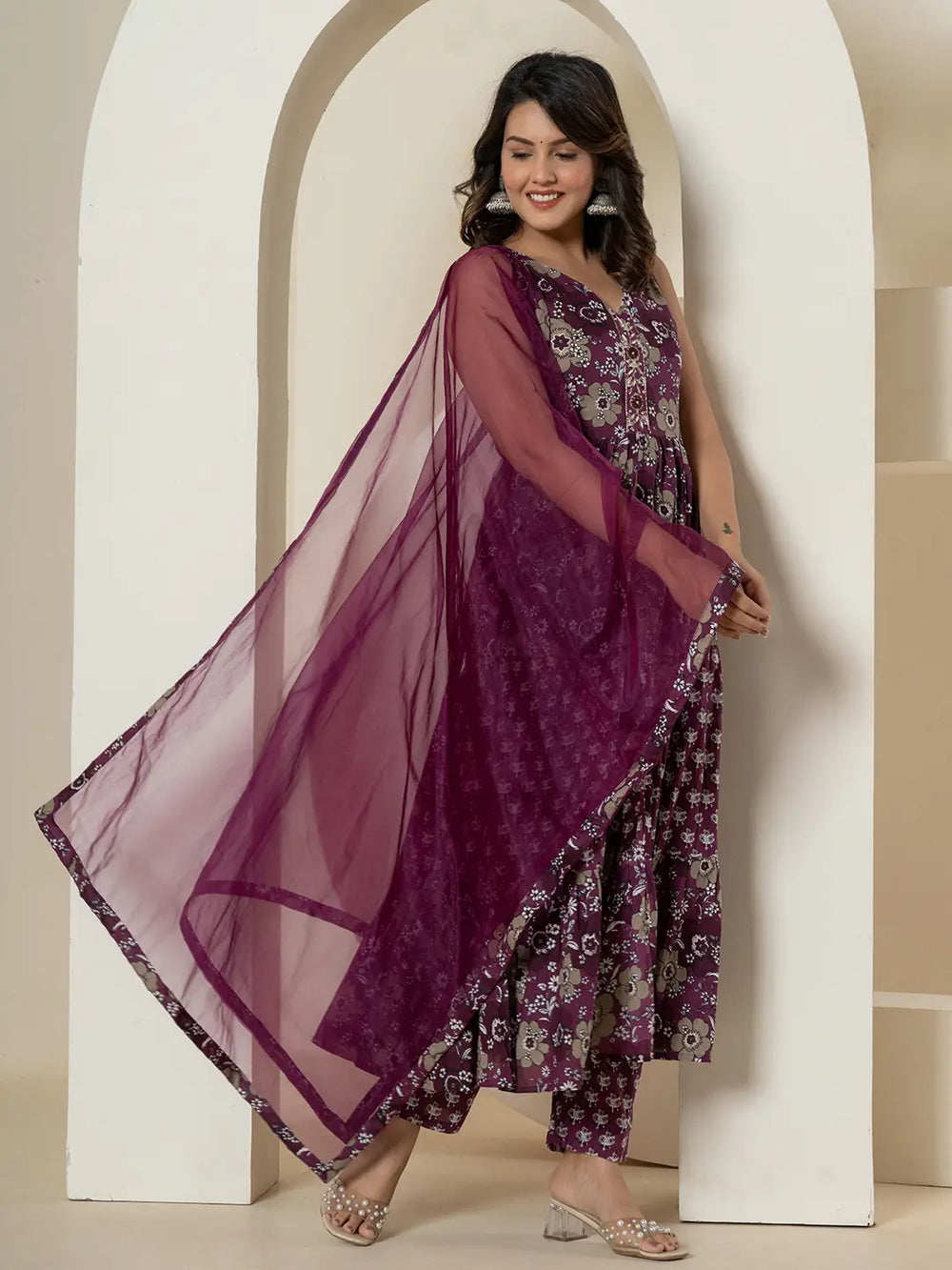 Purple-Cotton-Fit-And-Flare-Tiered-3-Piece-Kurta-Set