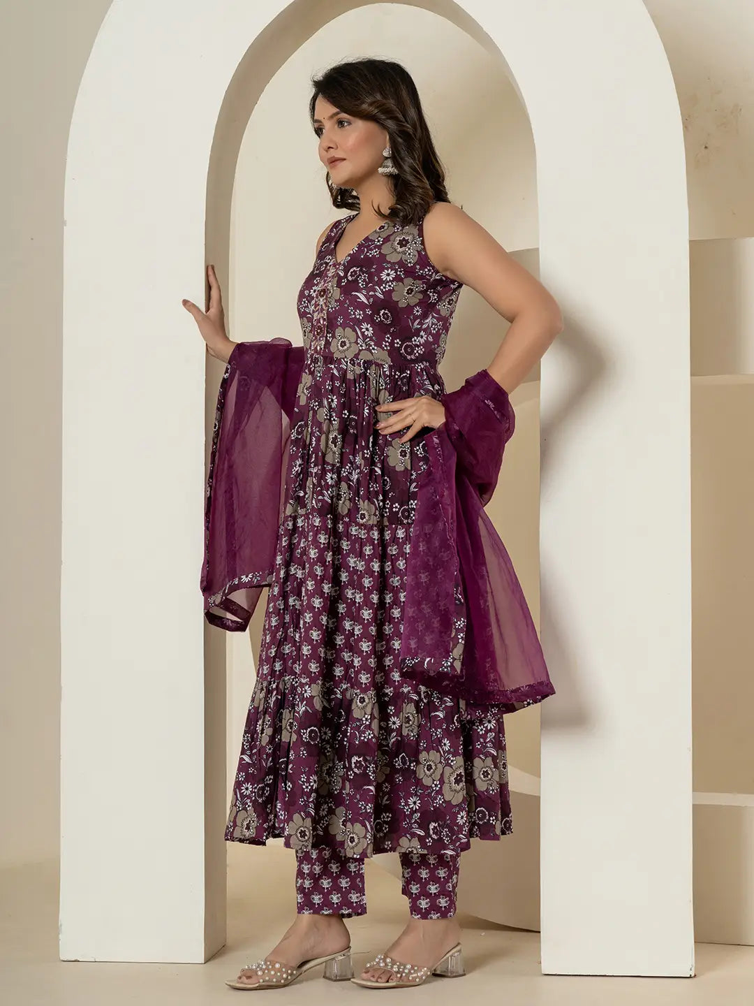 Purple-Cotton-Fit-And-Flare-Tiered-3-Piece-Kurta-Set