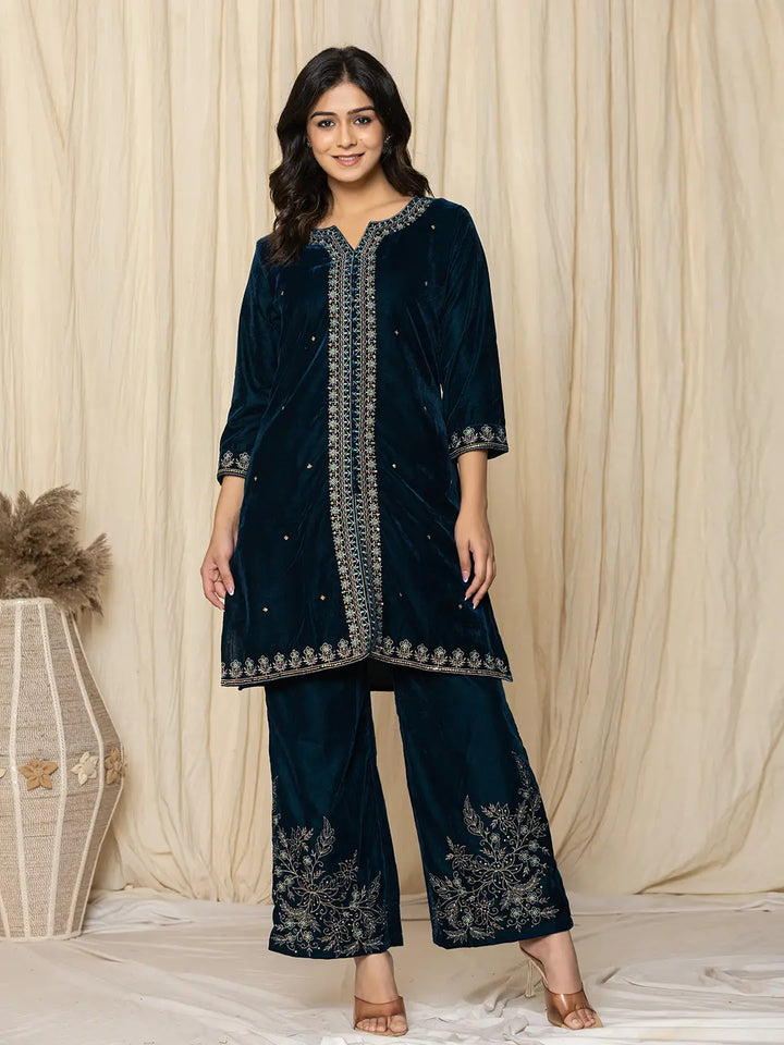 Rama-Green-Velvet-Zari-Work-Co-Ord-Set