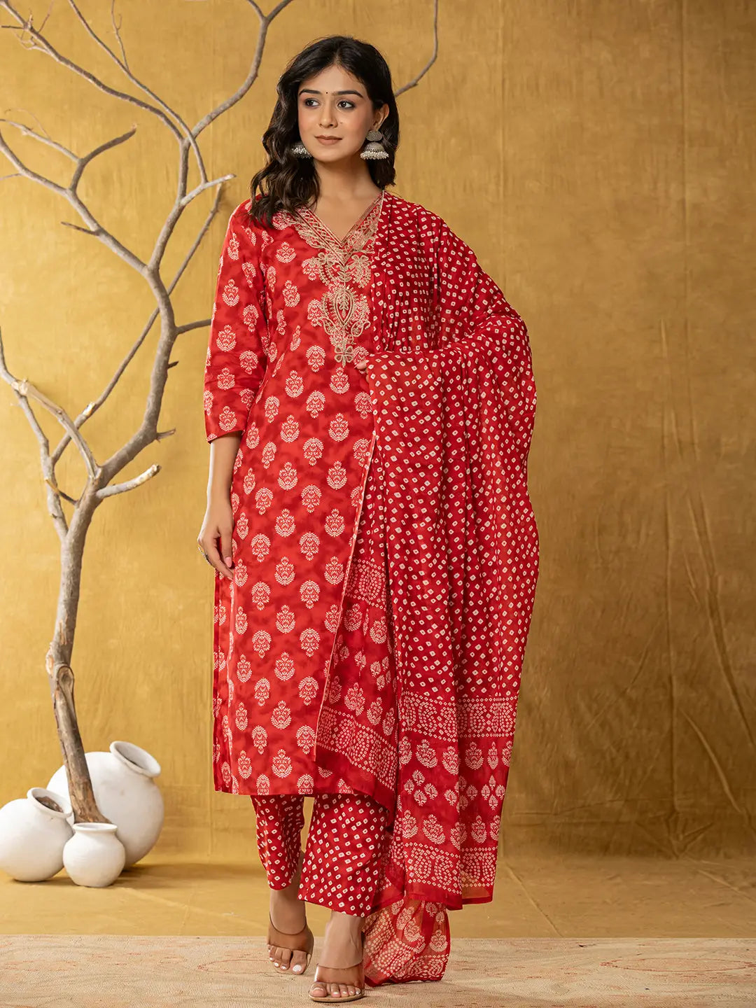 Red-Cotton-Zari-Work-Straight-3-Piece-Kurta-Set