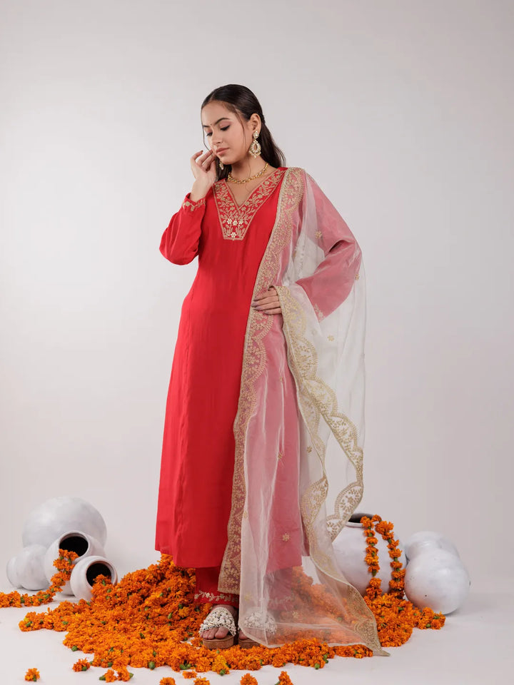 Red-Silk-Dori-Embroidered-3-Piece-Kurta-Set