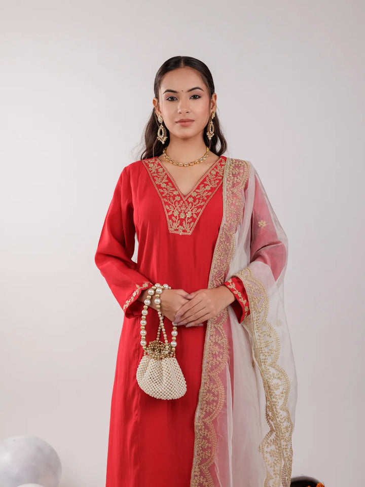 Red-Silk-Dori-Embroidered-3-Piece-Kurta-Set