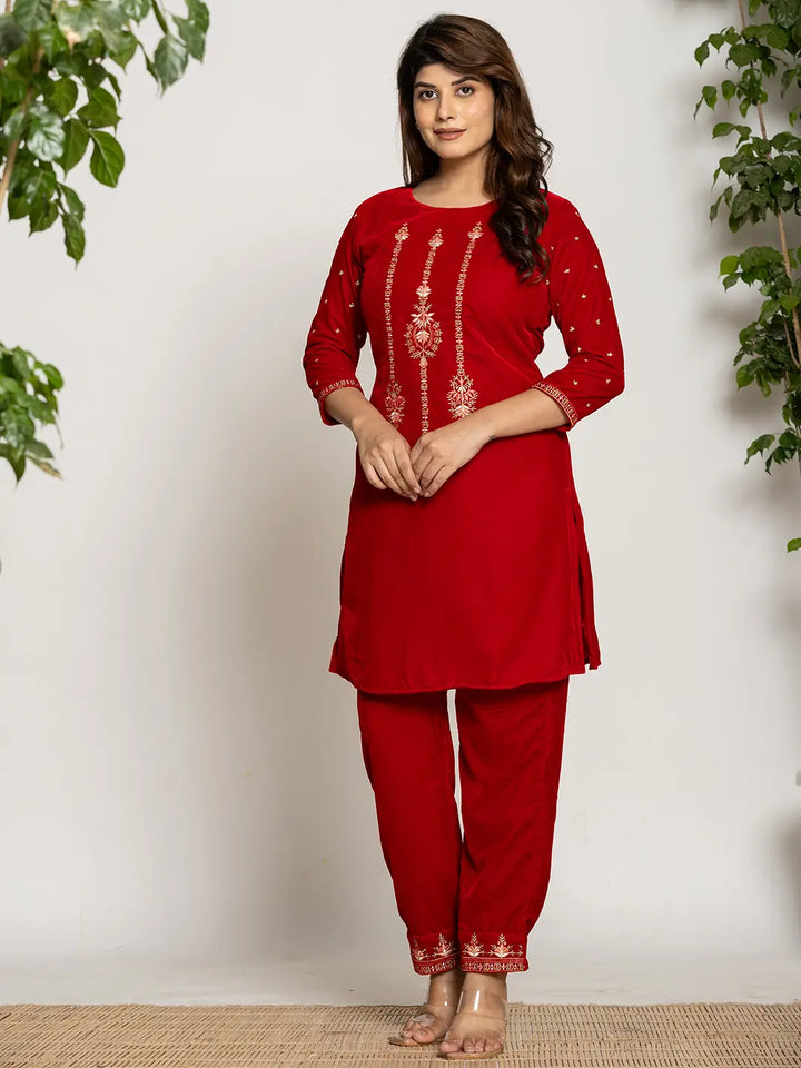 Red-Velvet-Embroidered-Co-Ord-Set-With-Cotton-Lining