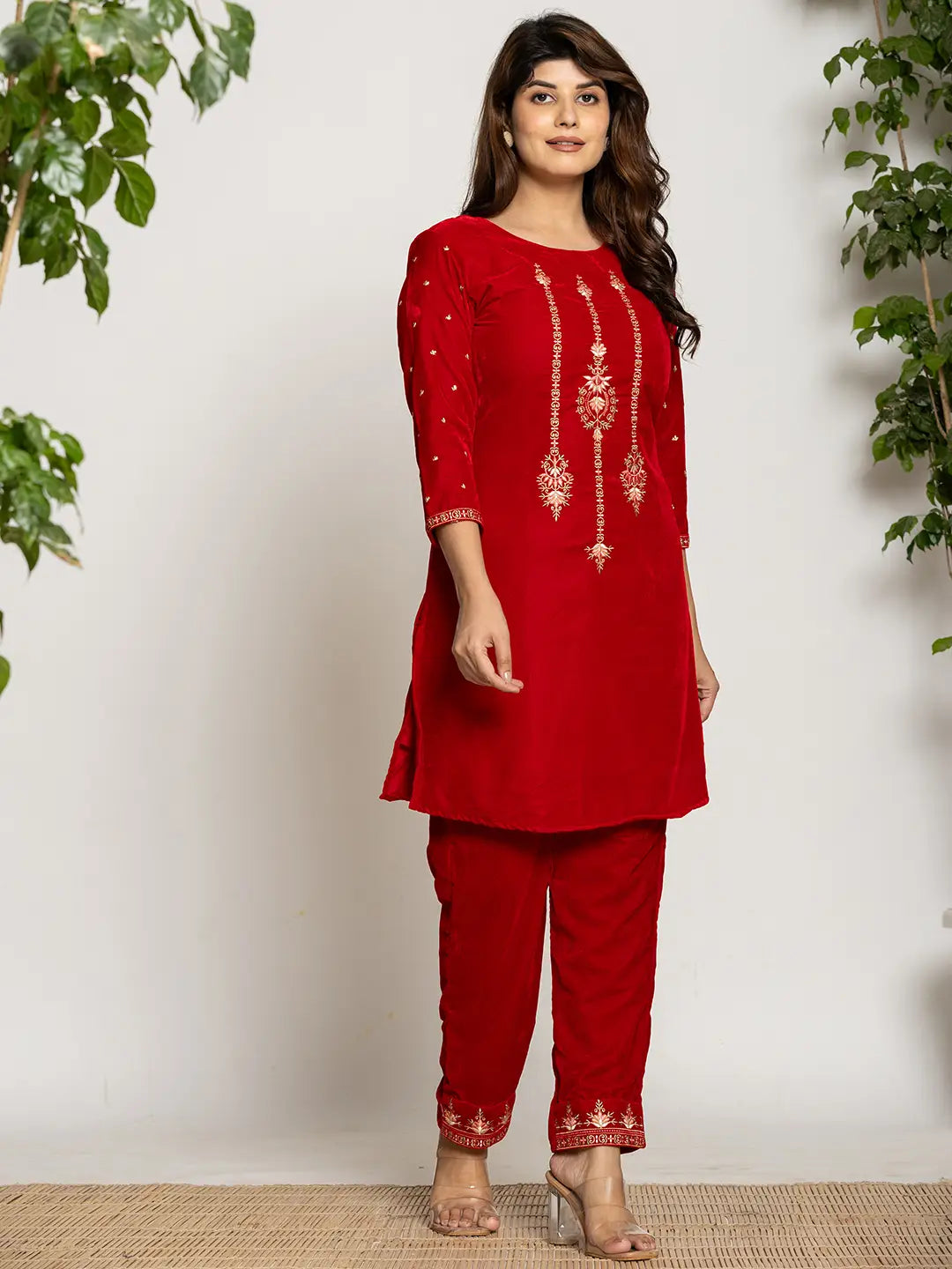 Red-Velvet-Embroidered-Co-Ord-Set-With-Cotton-Lining