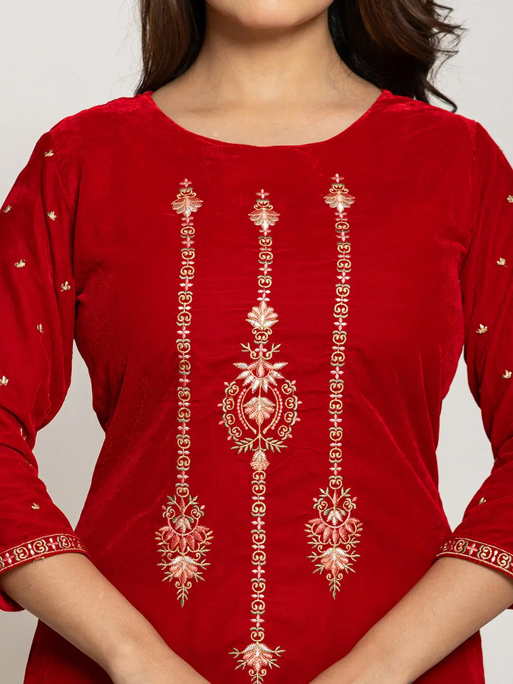 Red-Velvet-Embroidered-Co-Ord-Set-With-Cotton-Lining