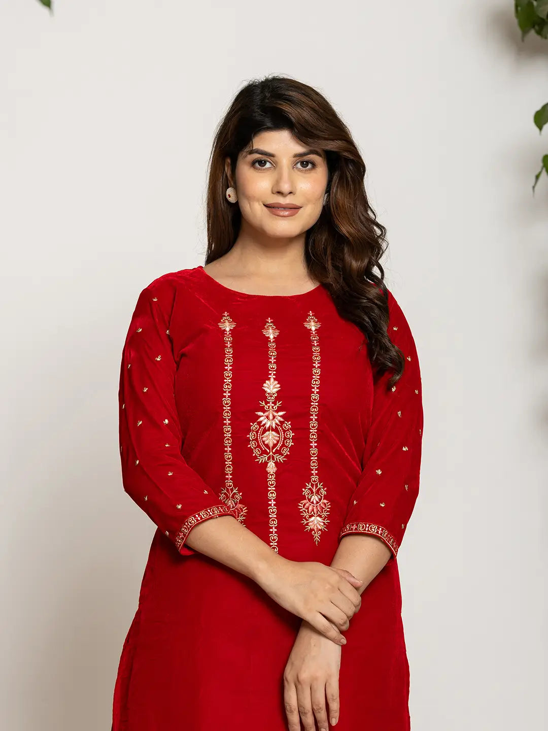 Red-Velvet-Embroidered-Co-Ord-Set-With-Cotton-Lining