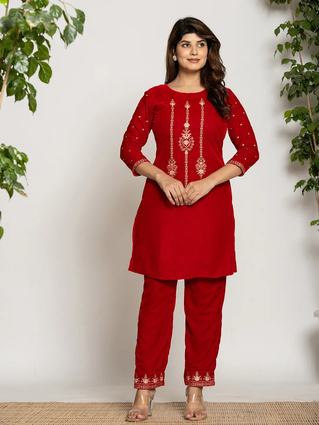 Red-Velvet-Embroidered-Co-Ord-Set-With-Cotton-Lining