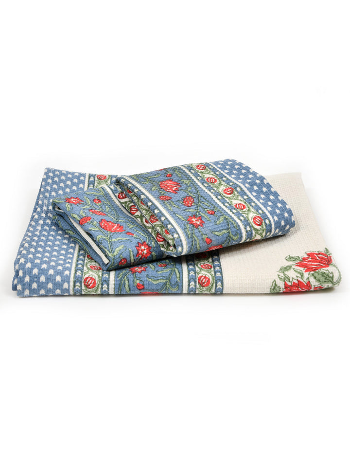 White-&-Multicolor-Waffle-Cotton-HandBlock-Towels-Gift-Set