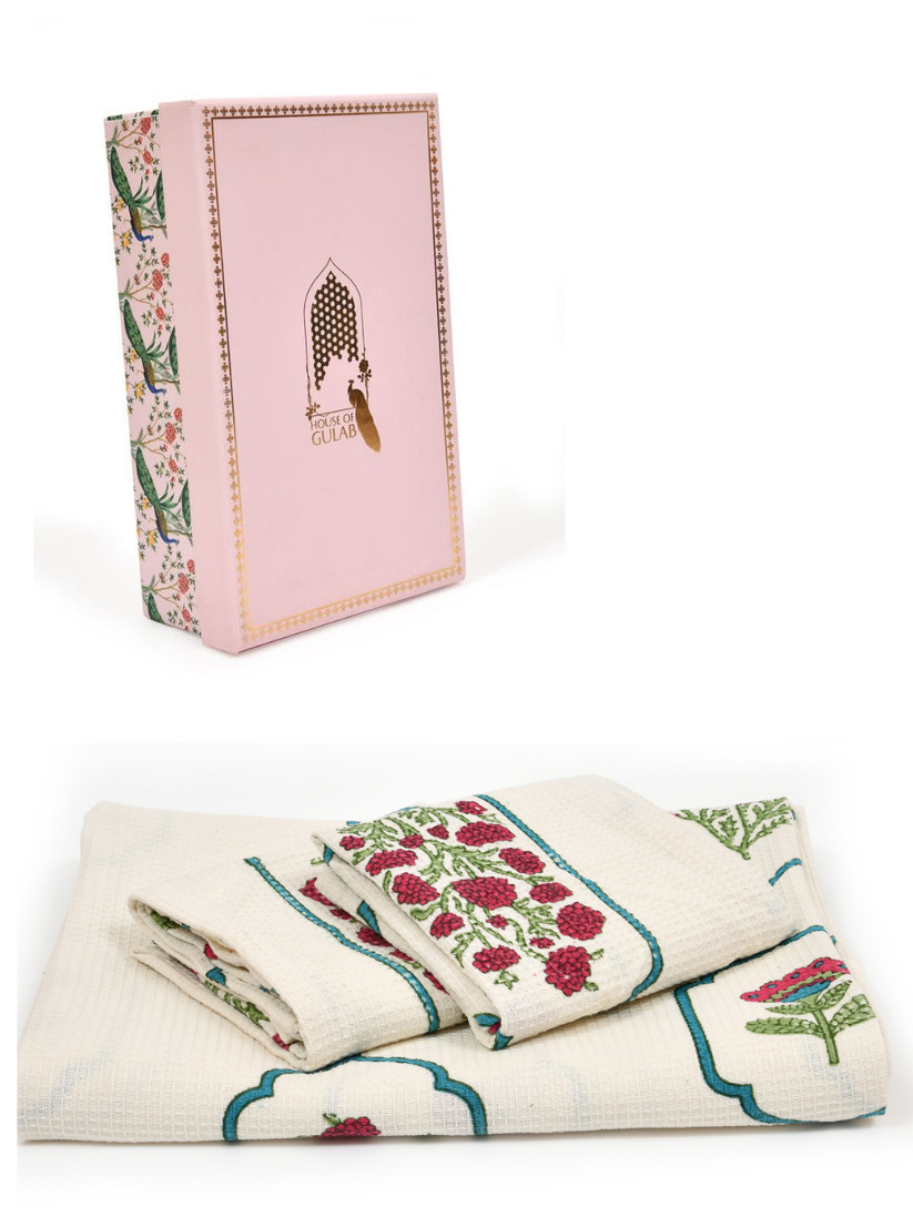 White-&-Red-Waffle-Cotton-Floral-Print-Towels-Gift-Set