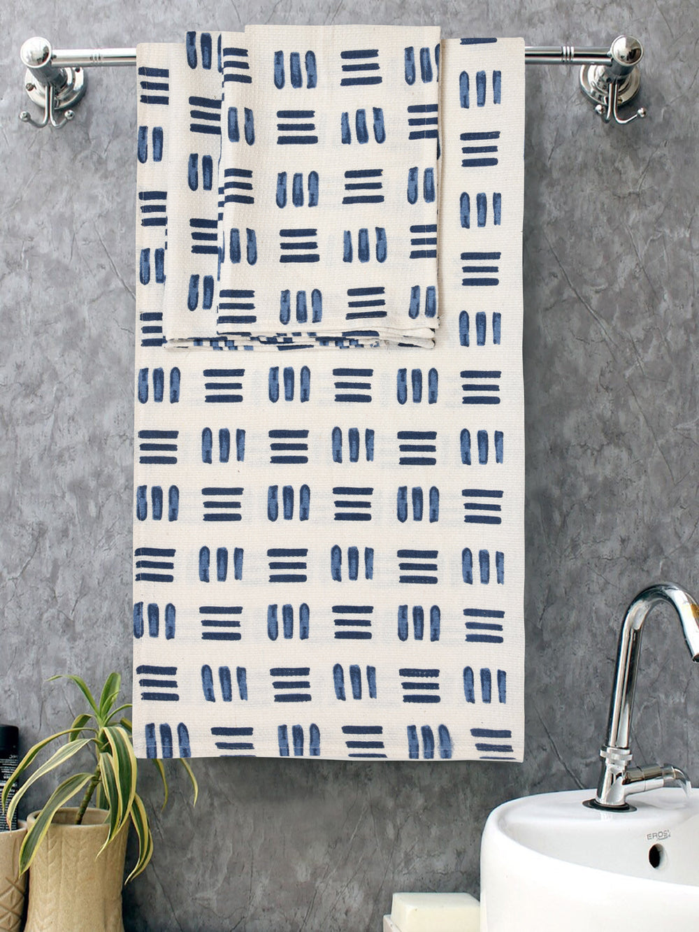 White-&-Navy-Blue-Waffle-Cotton-HandBlock-Towels-Gift-Set