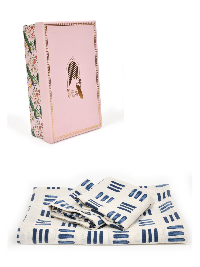 White-&-Navy-Blue-Waffle-Cotton-HandBlock-Towels-Gift-Set