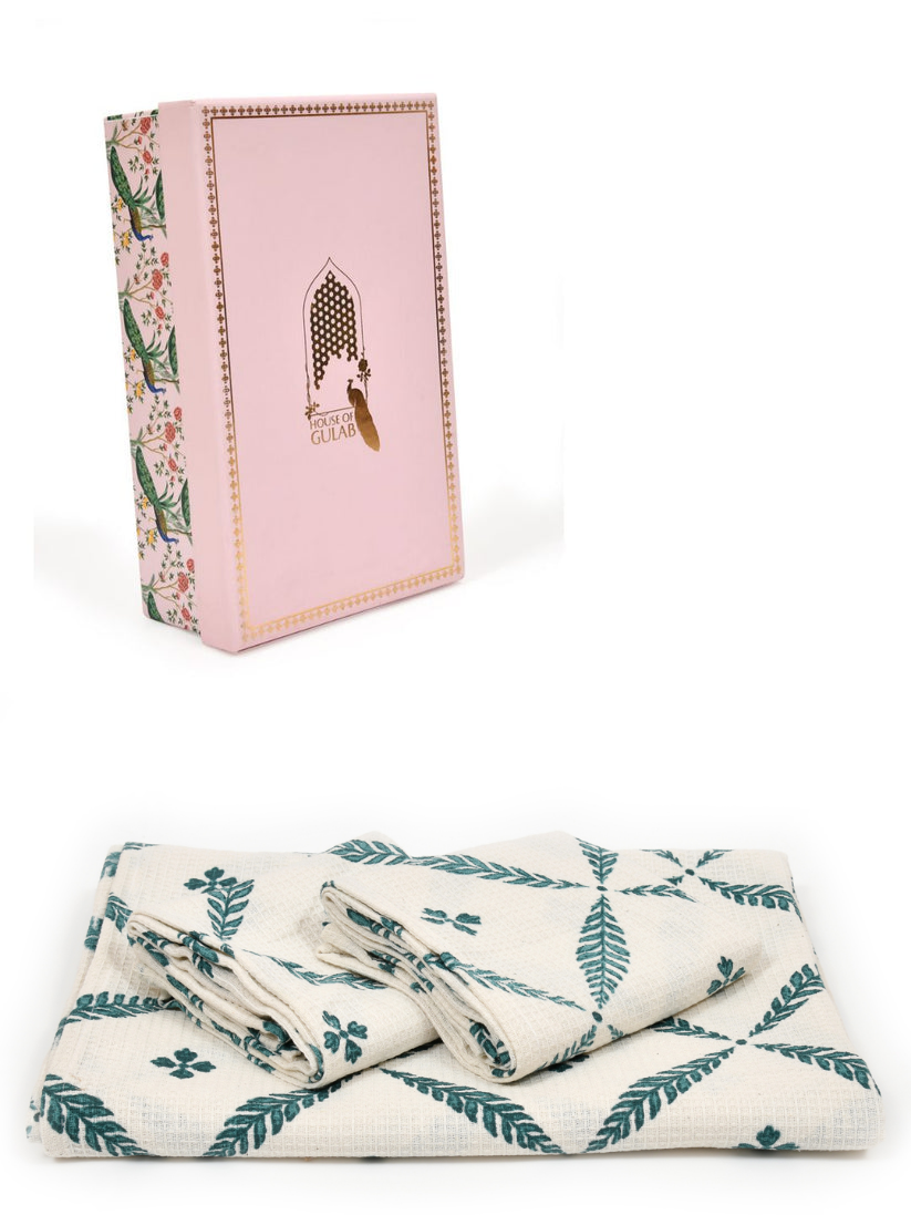 White-&-Green-Waffle-Cotton-HandBlock-Print-Towels-Gift-Set