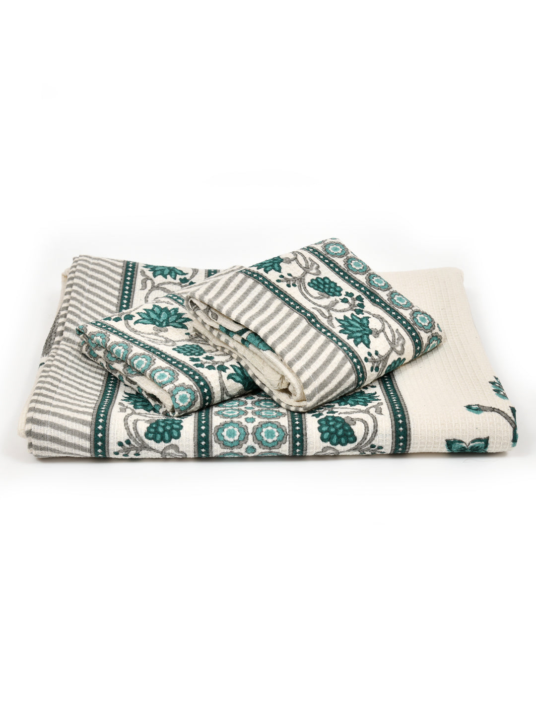 White-&-Green-Waffle-Cotton-Floral-Print-Towels-Gift-Set