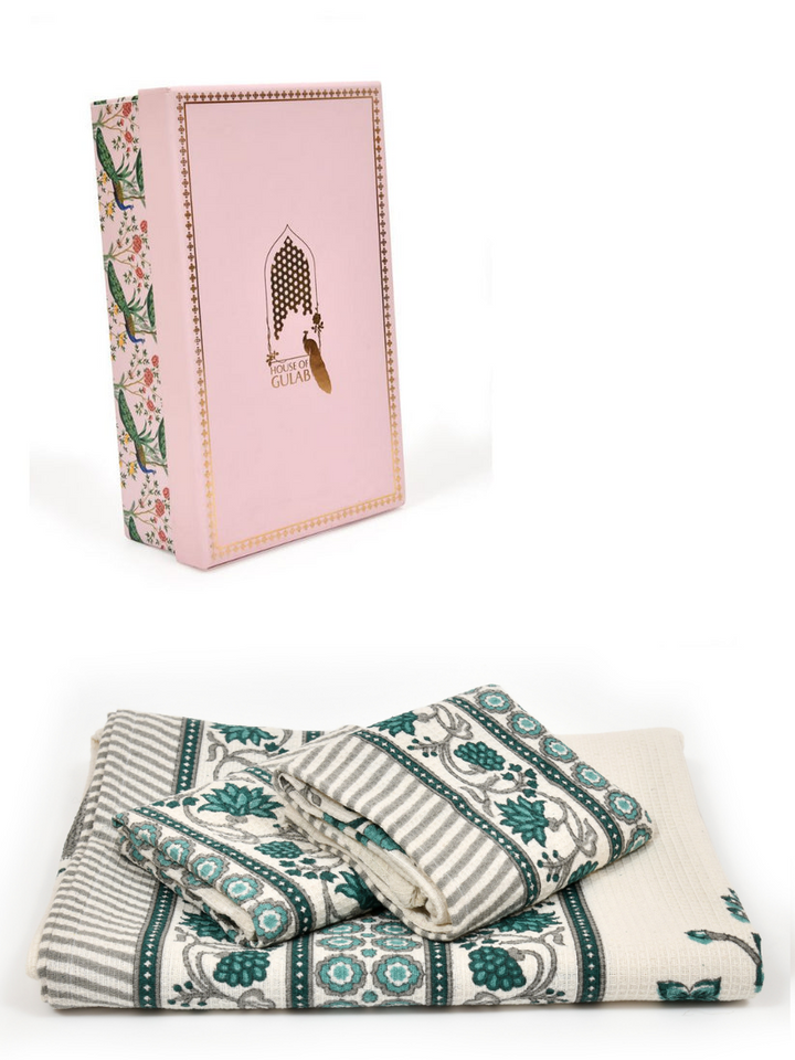 White-&-Green-Waffle-Cotton-Floral-Print-Towels-Gift-Set