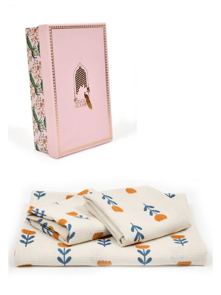 White-&-Orange-Floral-Waffle-Cotton-Towels-Gift-Set