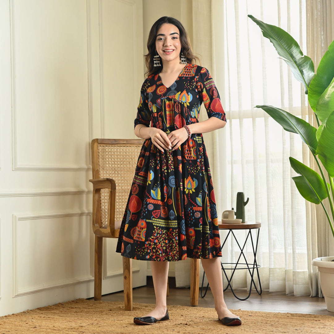 Black-Cotton-Abstract-Print-Flared-Midi-Dresse