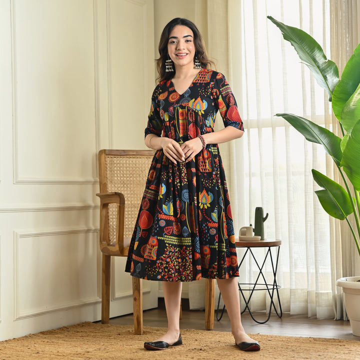 Black-Cotton-Abstract-Print-Flared-Midi-Dresse