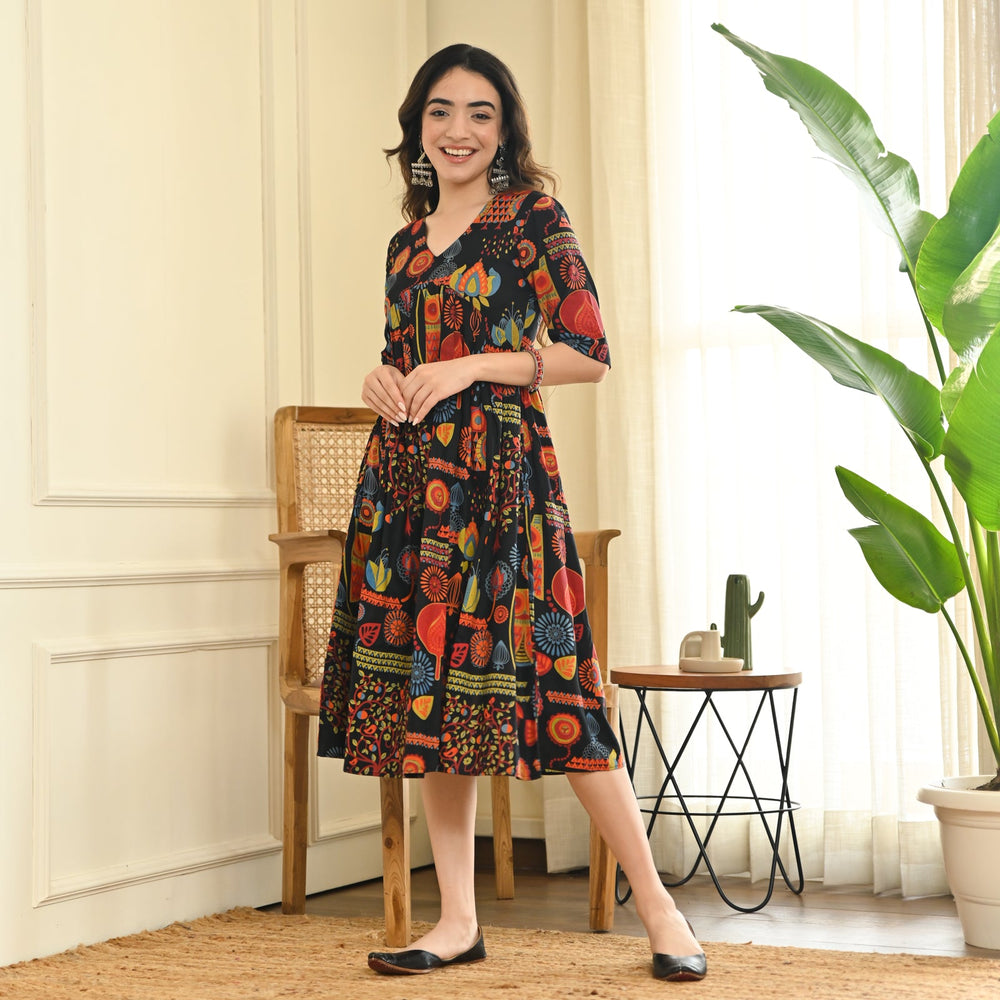 Black-Cotton-Abstract-Print-Flared-Midi-Dresse