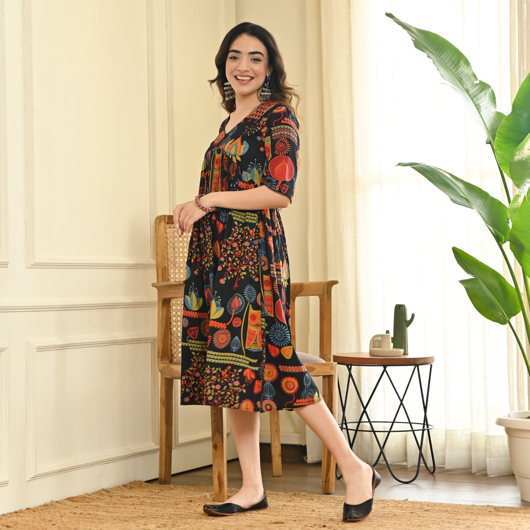 Black-Cotton-Abstract-Print-Flared-Midi-Dresse