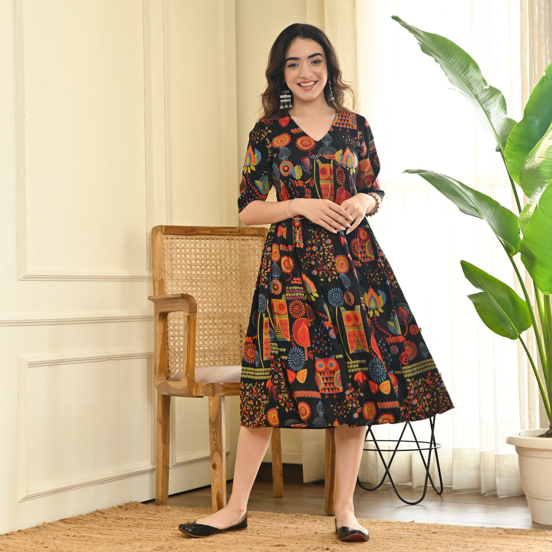 Black-Cotton-Abstract-Print-Flared-Midi-Dresse