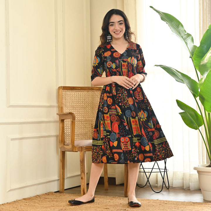 Black-Cotton-Abstract-Print-Flared-Midi-Dresse