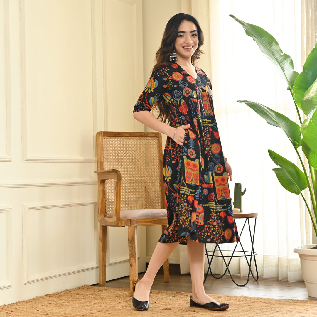 Black-Cotton-Abstract-Print-Flared-Midi-Dresse