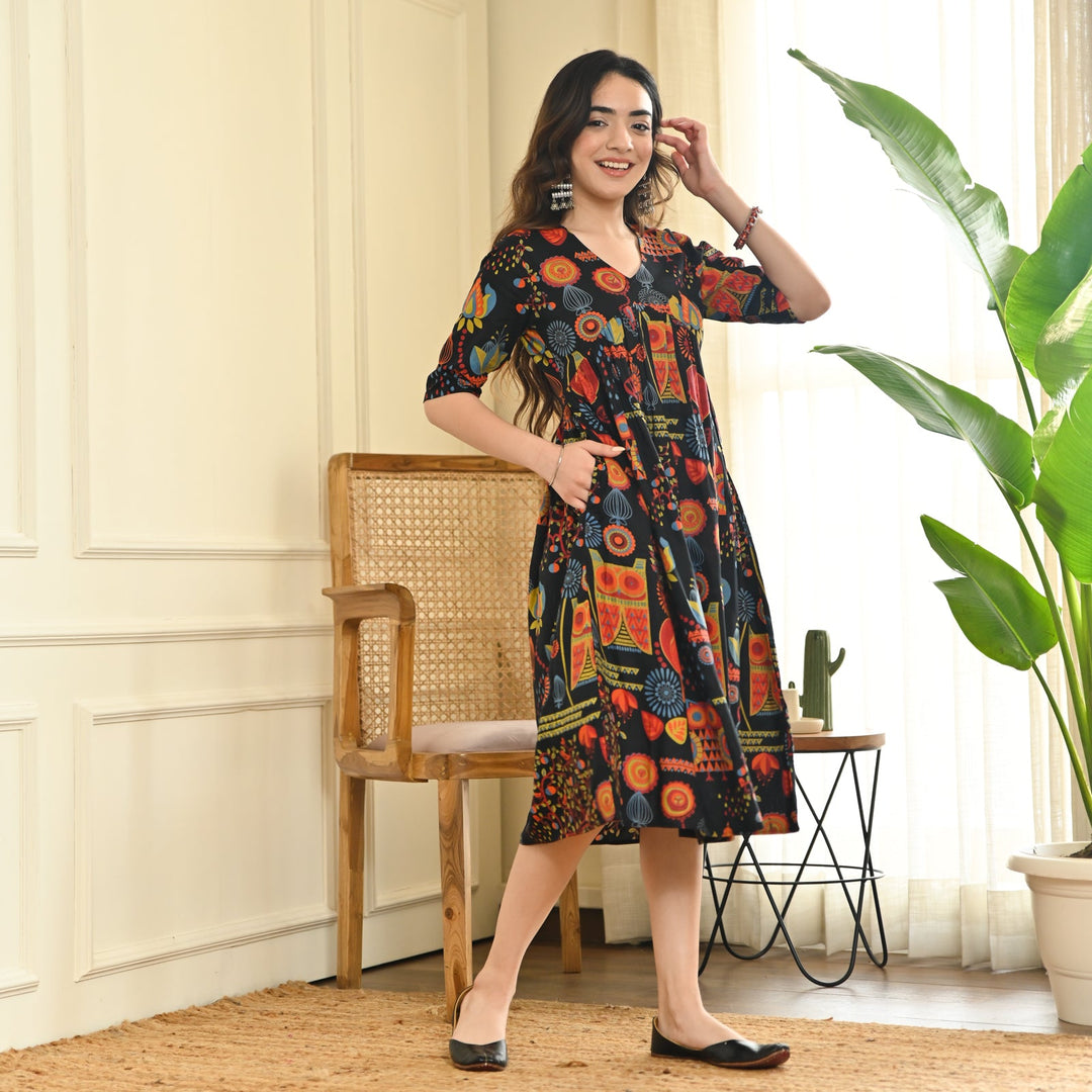 Black-Cotton-Abstract-Print-Flared-Midi-Dresse