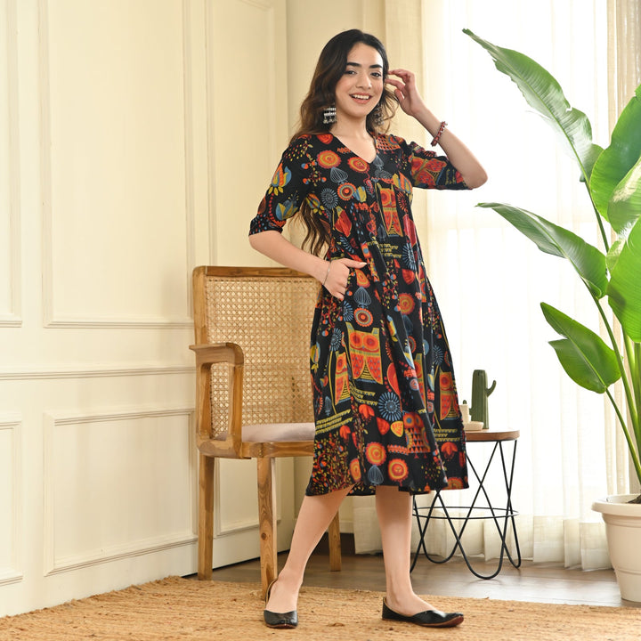Black-Cotton-Abstract-Print-Flared-Midi-Dresse