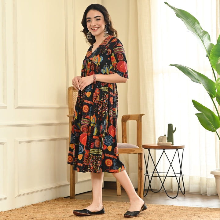 Black-Cotton-Abstract-Print-Flared-Midi-Dresse