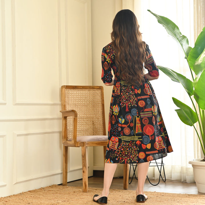 Black-Cotton-Abstract-Print-Flared-Midi-Dresse