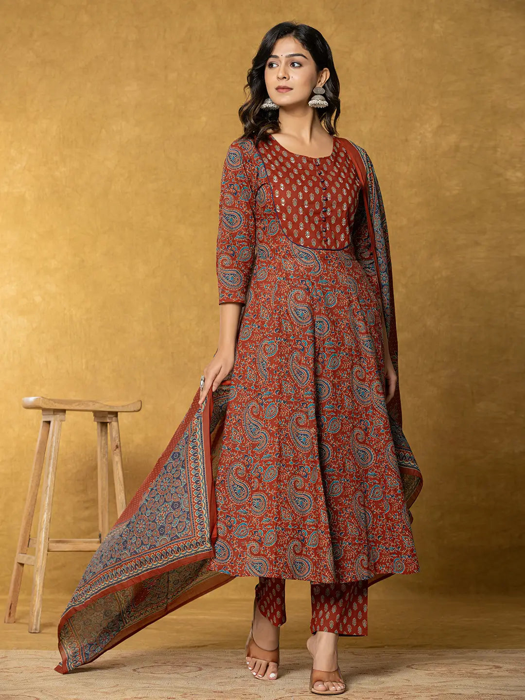 Rust-Cotton-Sequins-Work-Anarkali-Set