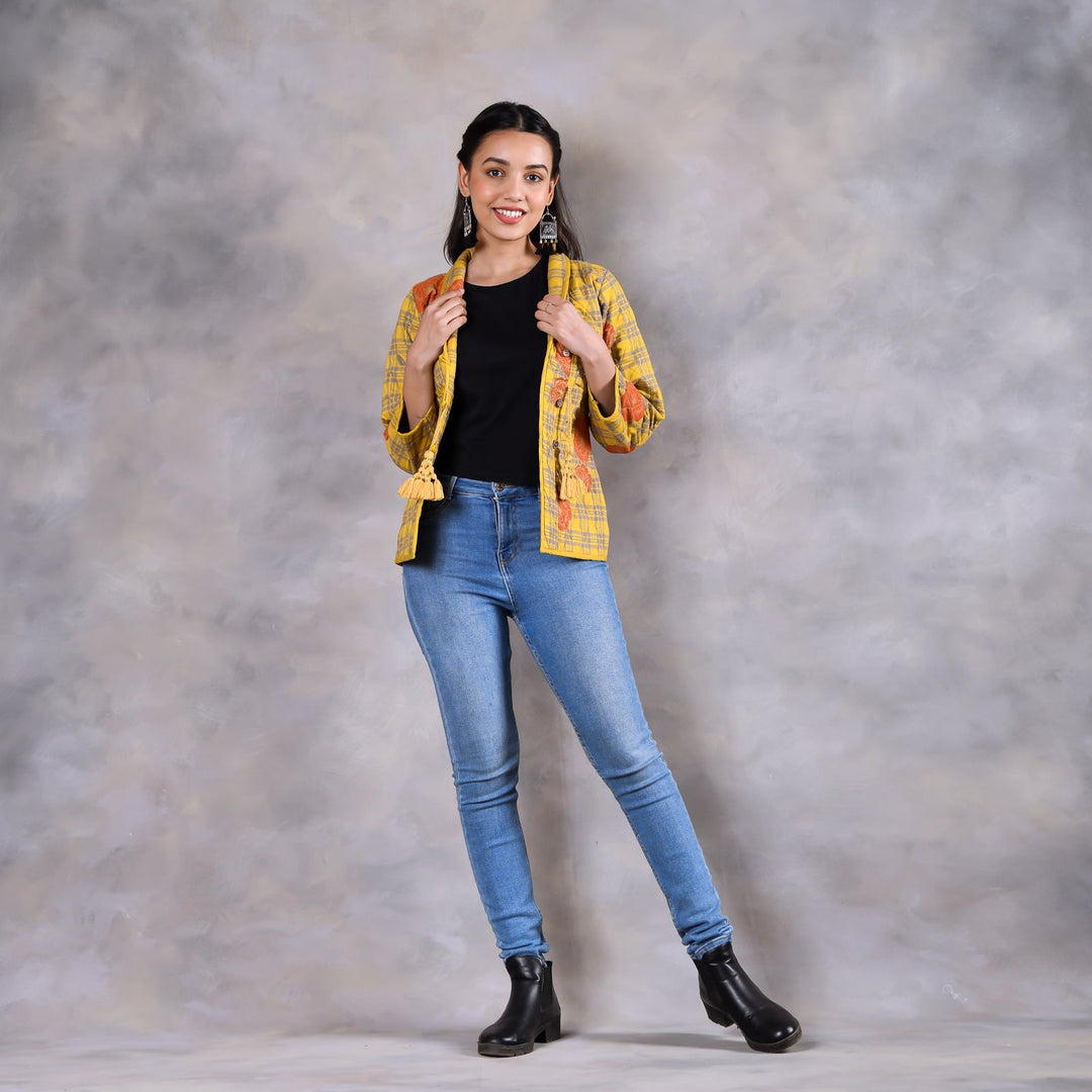 Dianthus Mustard Viscose Quilted Jacket