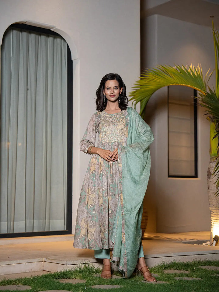 Sea-Green-Organic-Cotton-Print-Fit-And-Flare-3-Piece-Kurta-Set