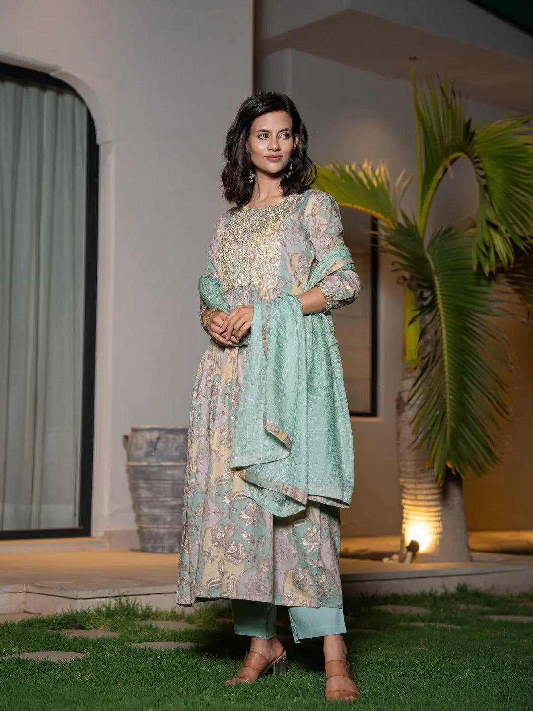 Sea-Green-Organic-Cotton-Print-Fit-And-Flare-3-Piece-Kurta-Set