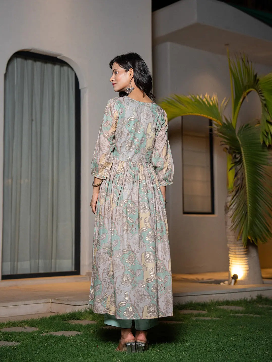 Sea-Green-Organic-Cotton-Print-Fit-And-Flare-3-Piece-Kurta-Set